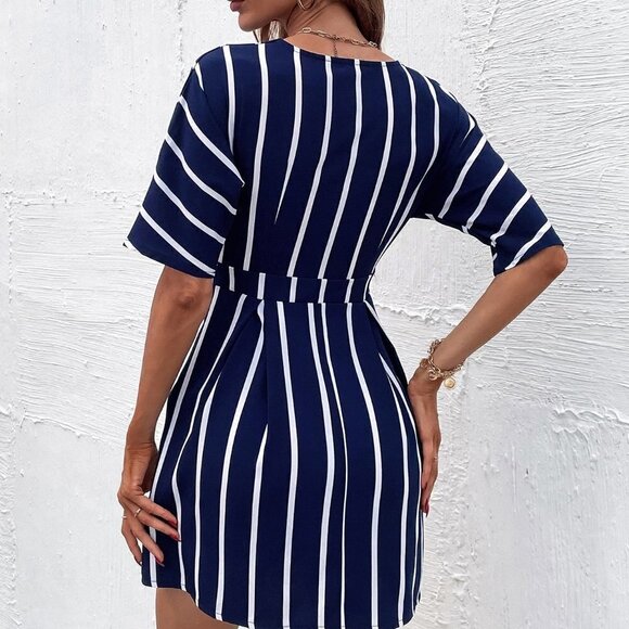 Navy Blue Casual Women's Striped Plunging Neck Fold Pleated Detail Dress - Picture 2 of 5